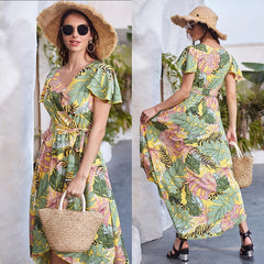 Tropical Print Surplice Neck Plum Print Wrap A-line Dress Sai Feel