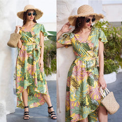 Tropical Print Surplice Neck Plum Print Wrap A-line Dress Sai Feel