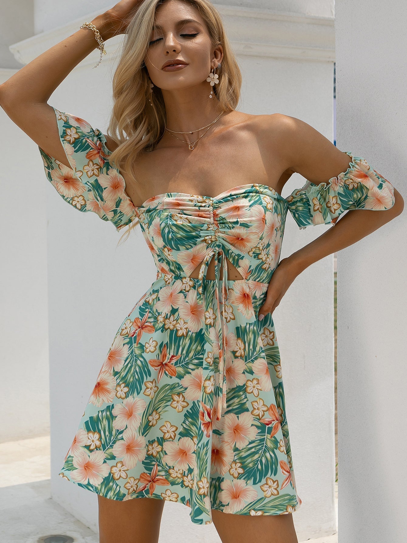 Tropical floral Print Drawstring Peekaboo Bardot beach hot Dress Sai Feel