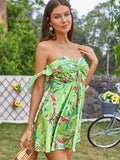 Tropical floral Print Drawstring Peekaboo Bardot beach hot Dress Sai Feel