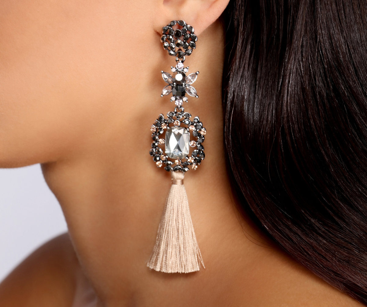 True Stunner Tiered Rhinestone Tassel Earrings Sai Feel