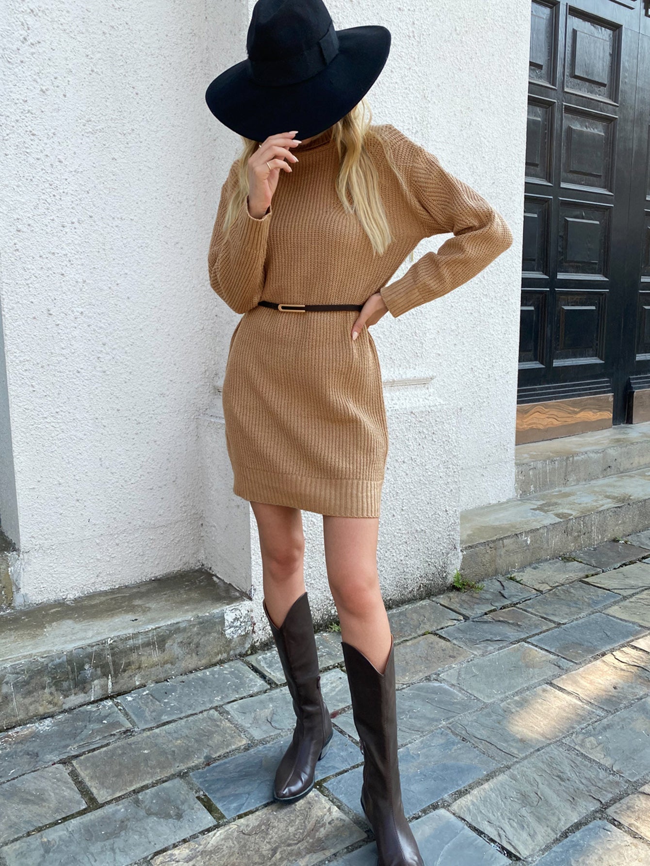 Turtle Neck Pointelle Sweater Dress Longline Sweater Sai Feel