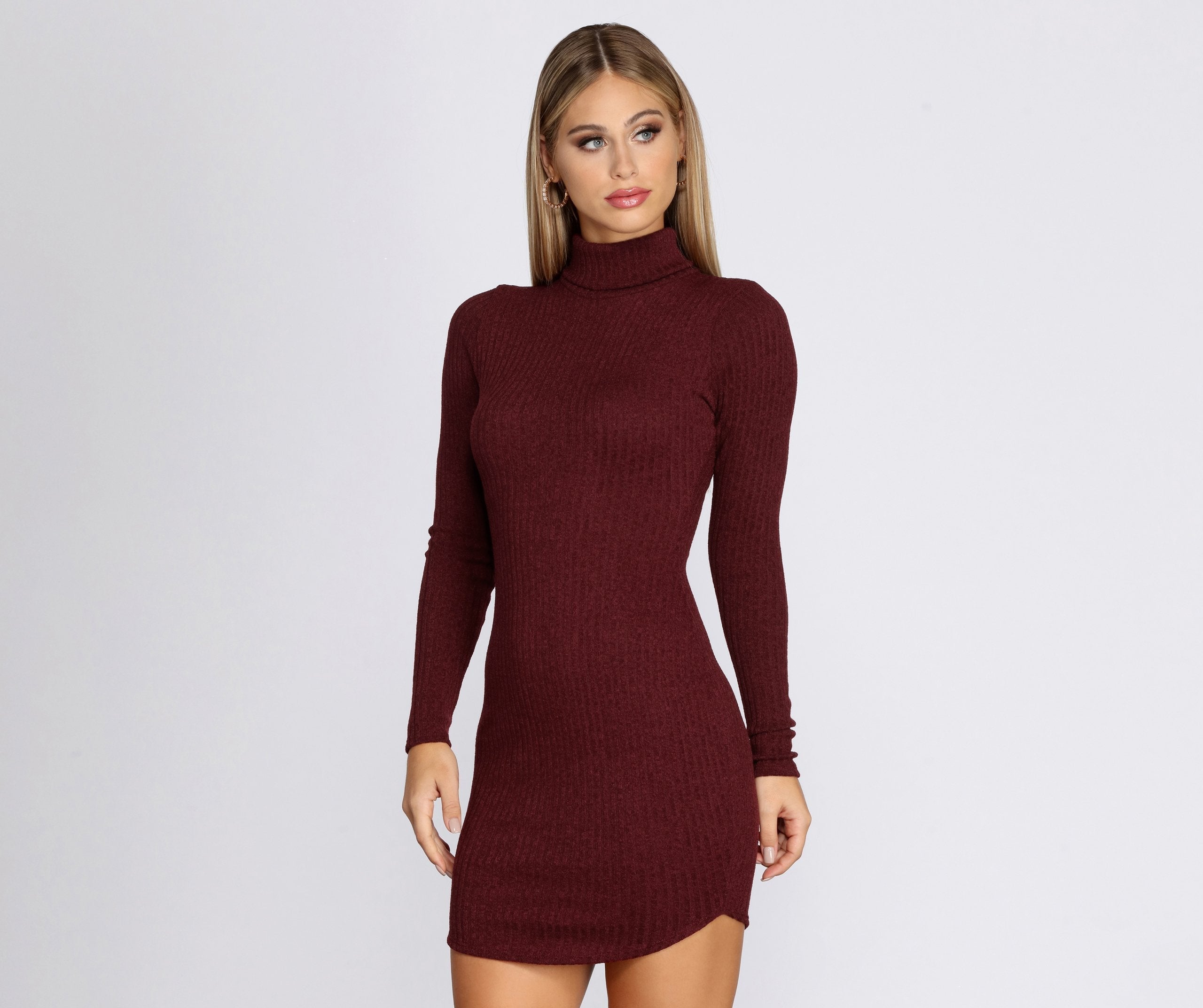 Turtleneck Long Sleeve Ribbed Knit Mini Dress Sai Feel