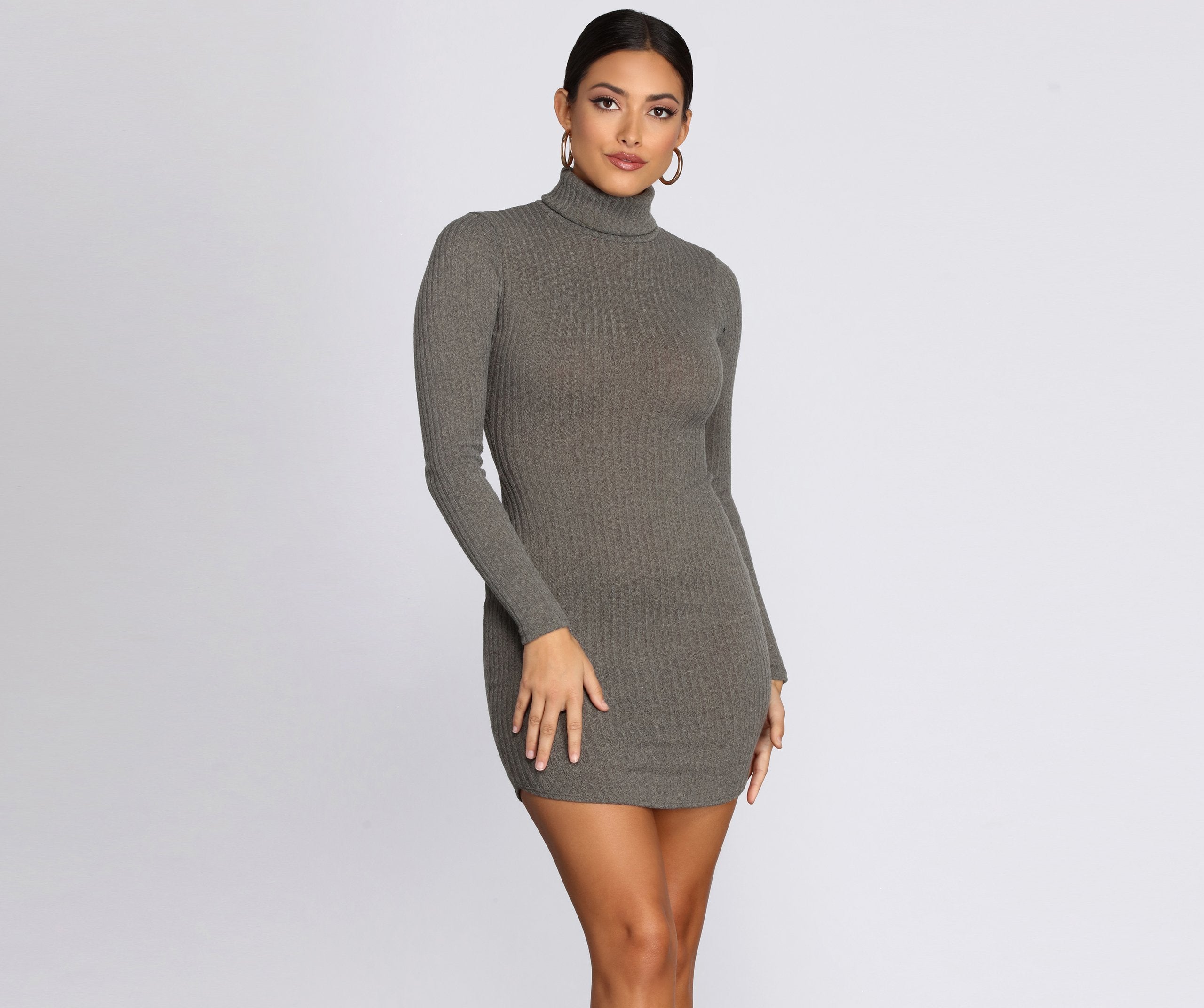 Turtleneck Long Sleeve Ribbed Knit Mini Dress Sai Feel