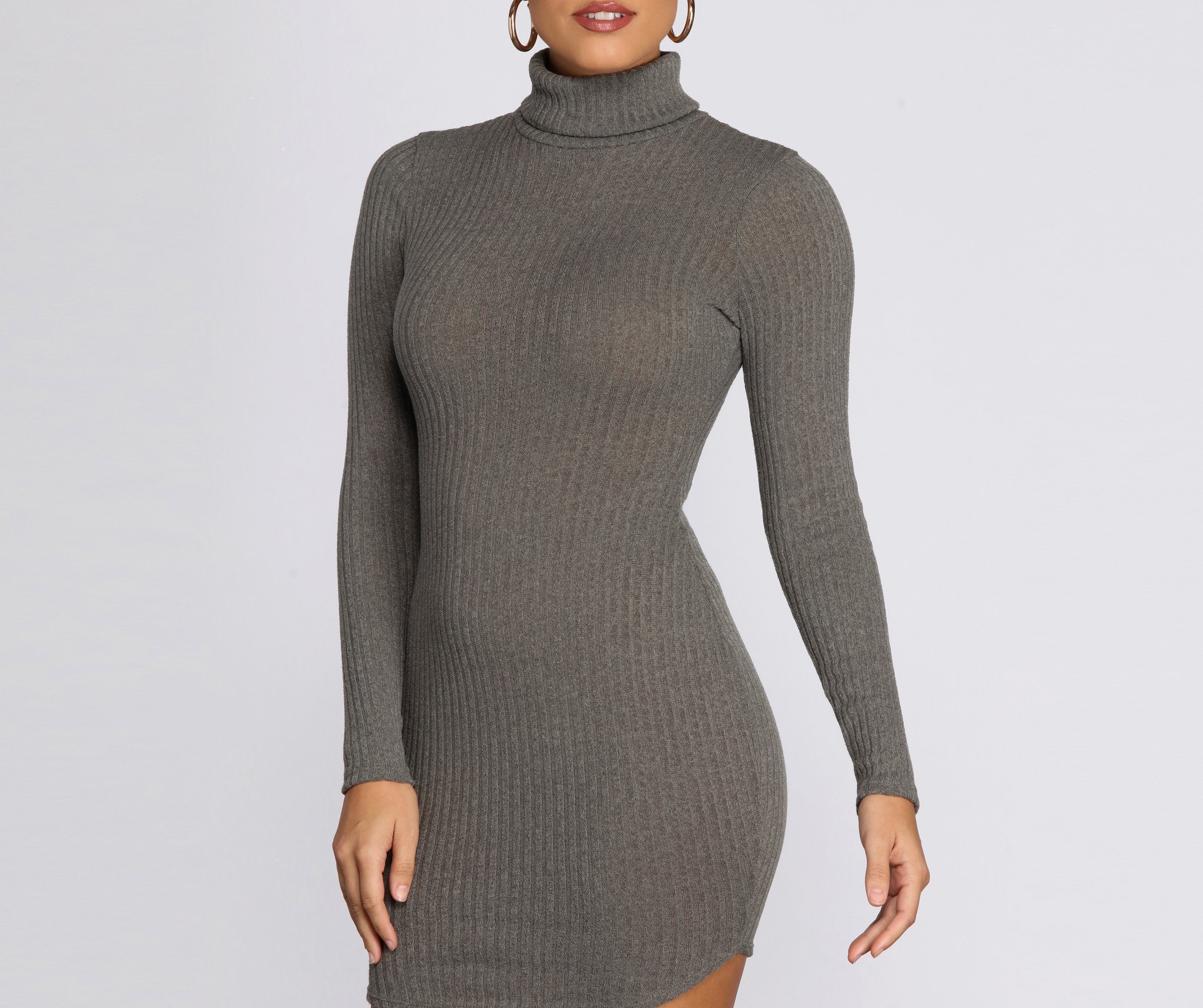 Turtleneck Long Sleeve Ribbed Knit Mini Dress Sai Feel