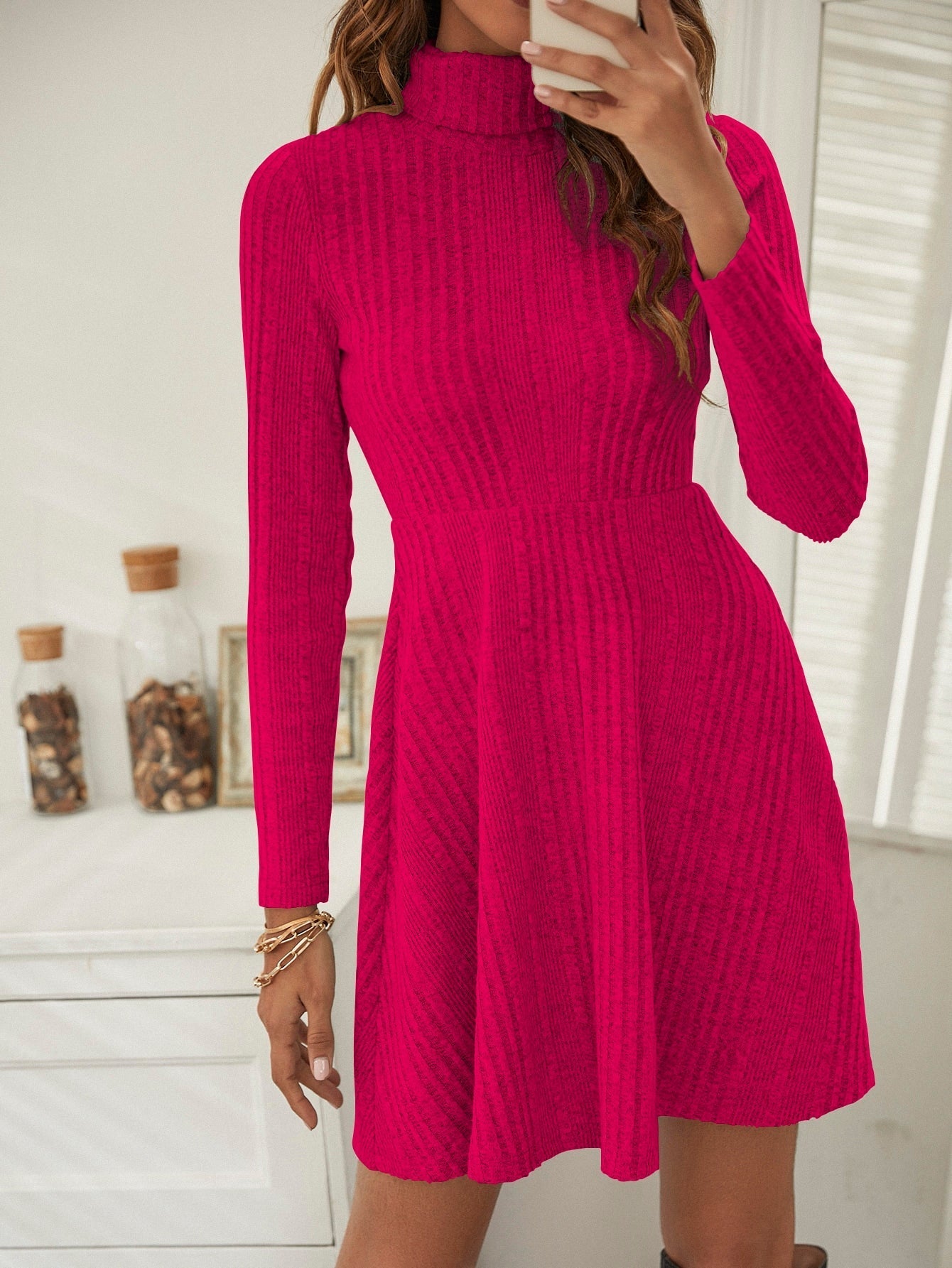 Turtleneck pleated thread Long Sleeve Dress Sai Feel