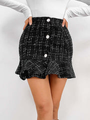 Tweed  Button Front Ruffles Hem Skirt Sai Feel