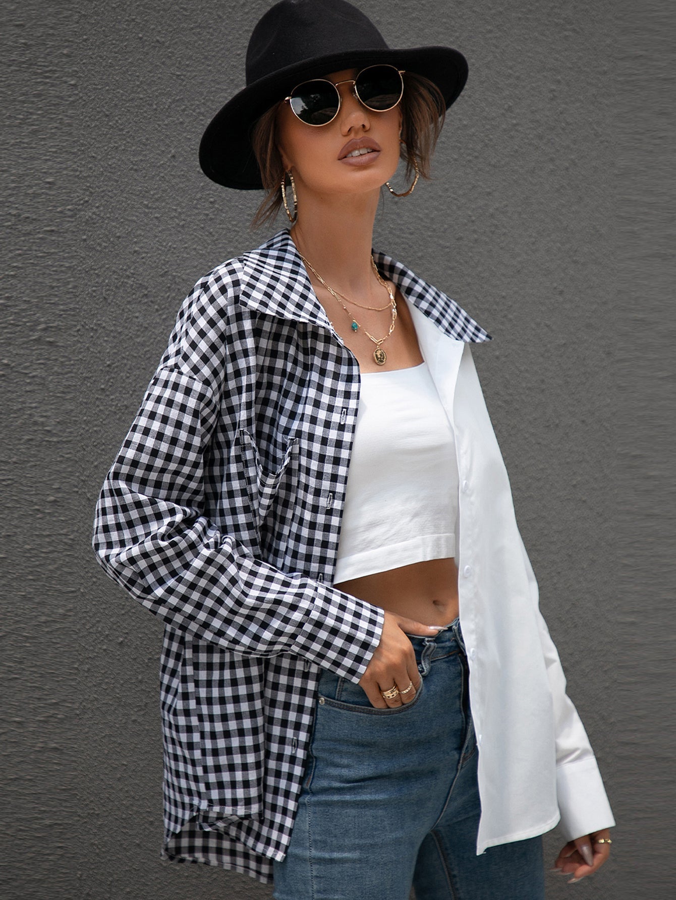 Two Tone Gingham Blouse Sai Feel