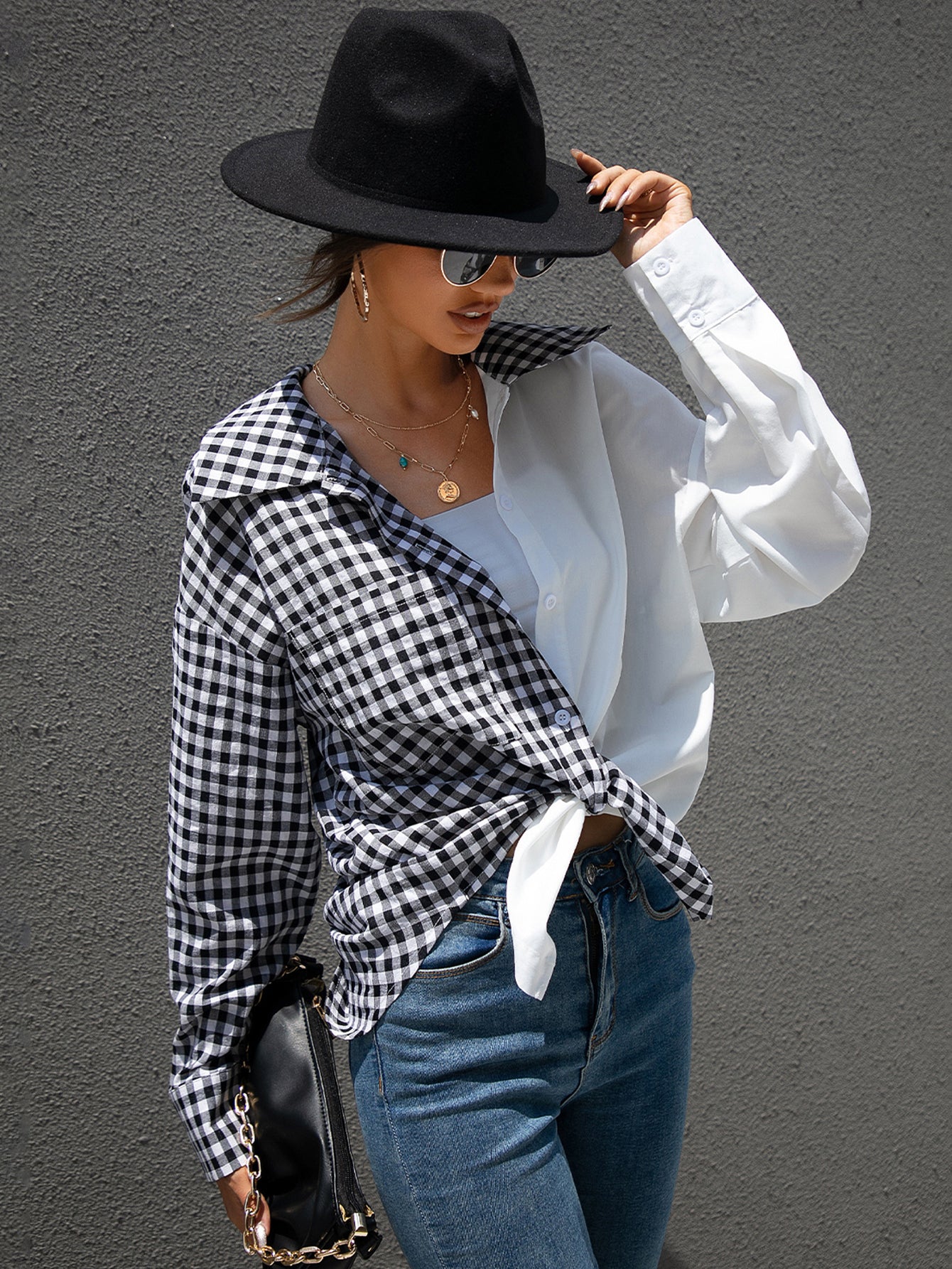 Two Tone Gingham Blouse Sai Feel