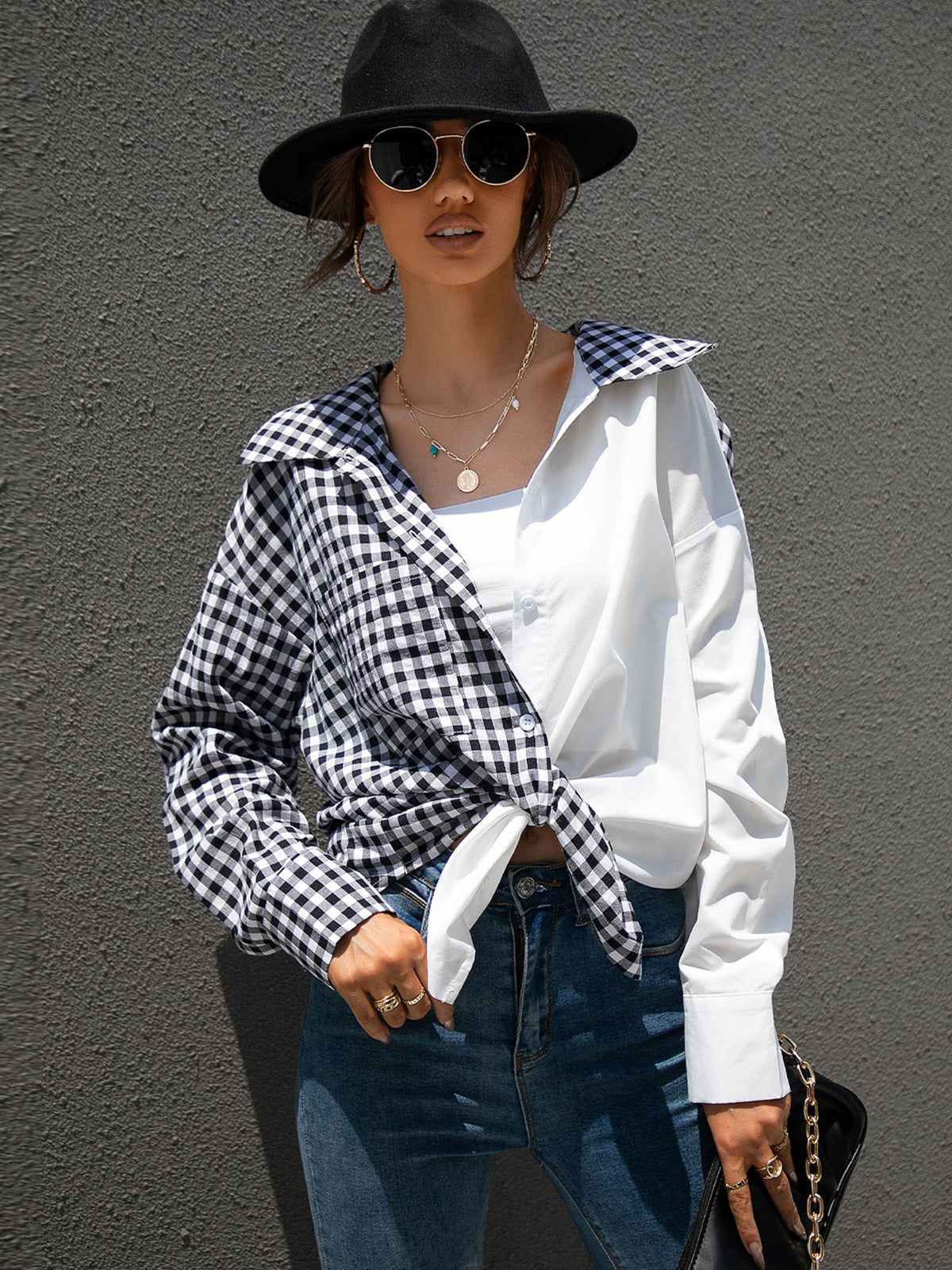 Two Tone Gingham Blouse Sai Feel