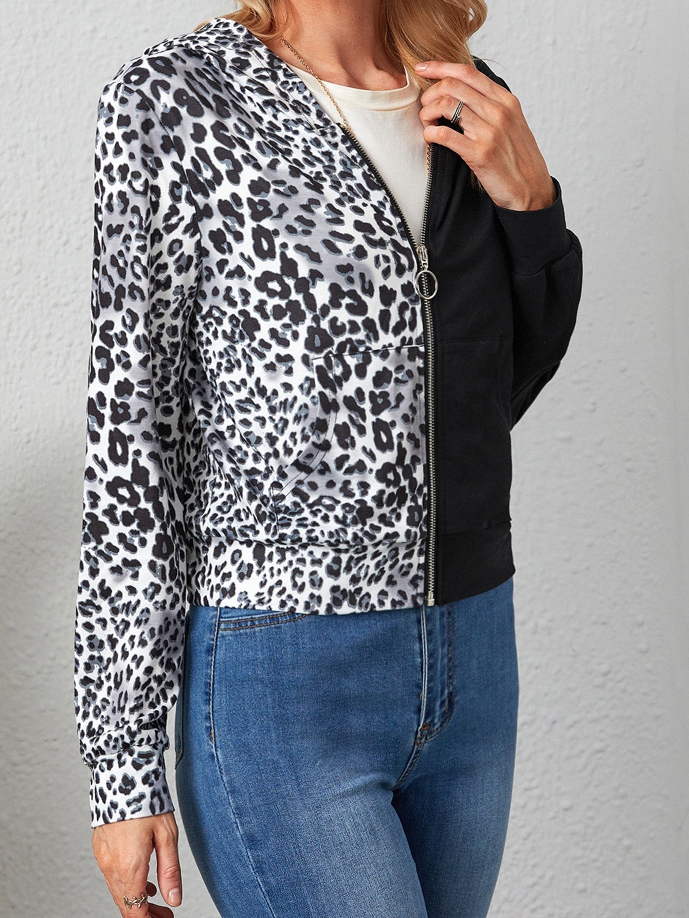 Two Tone Leopard Zip Up Jacket with Hoodie Sai Feel