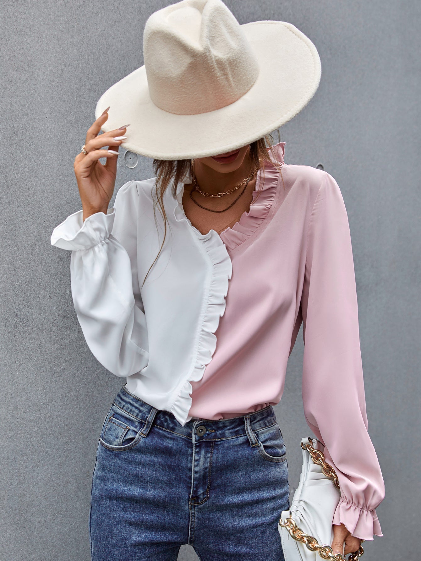 Two Tone Ruffle Hem Blouse Sai Feel