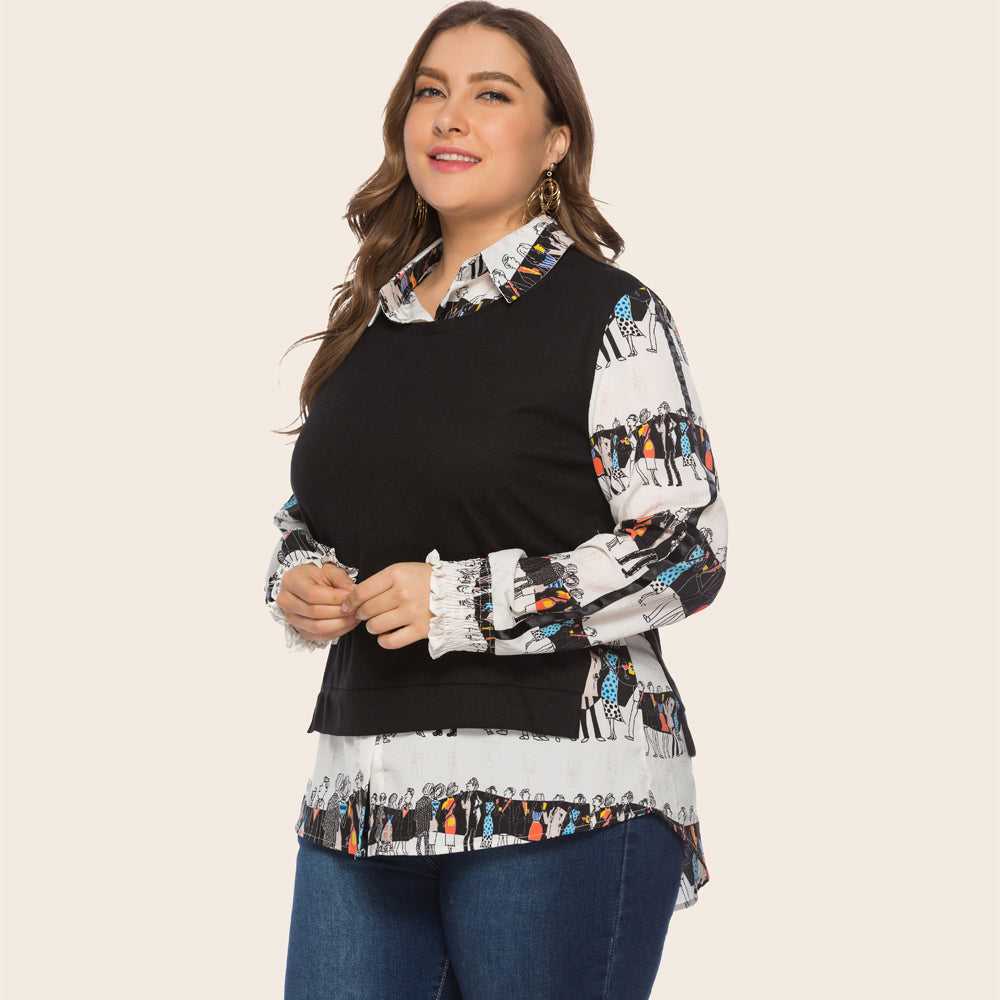 Two vintage print patchwork long-sleeved blouses for plus-size women Sai Feel