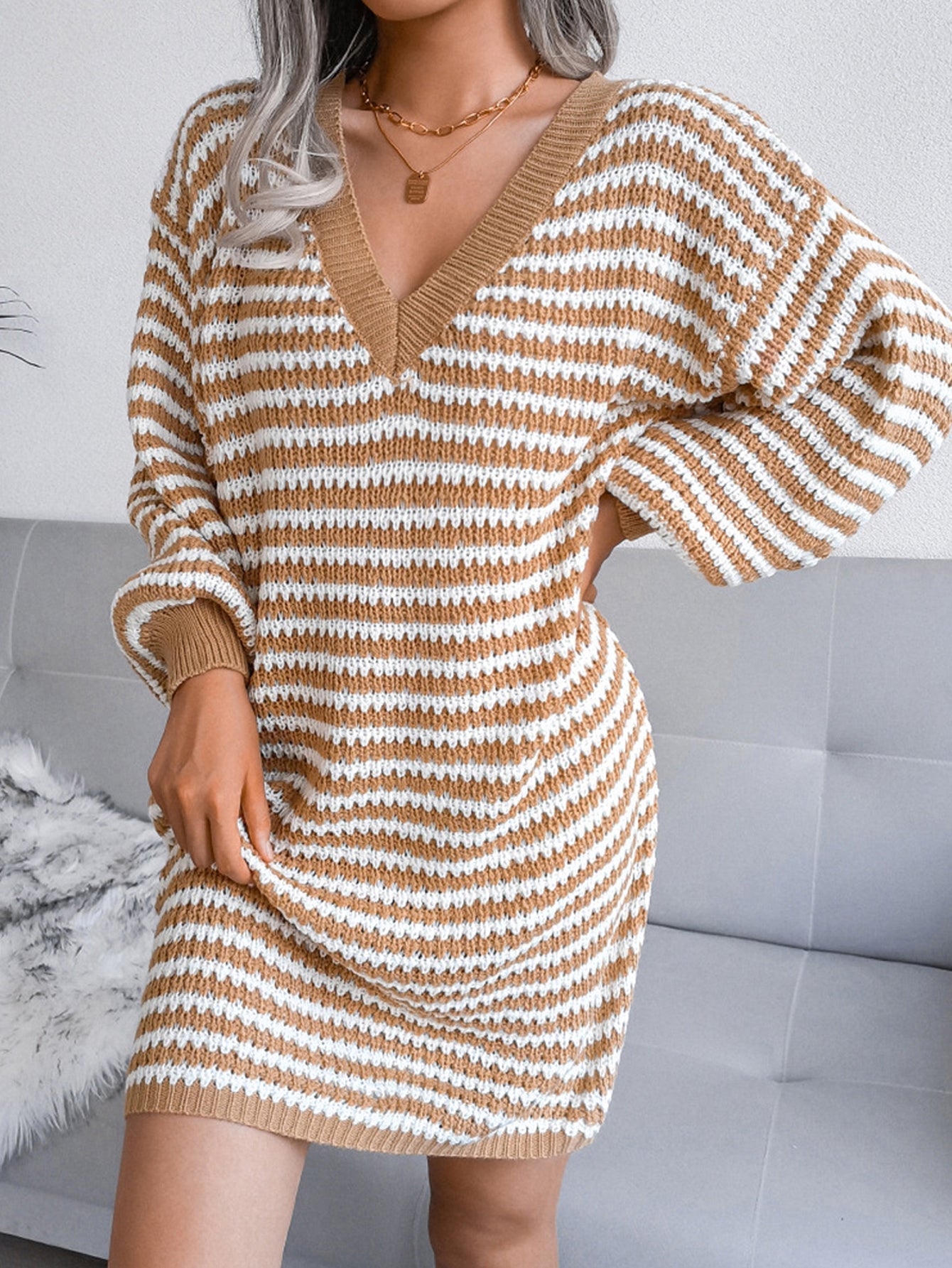 V Neck Bishop Sleeve Striped Sweater Dress Sai Feel