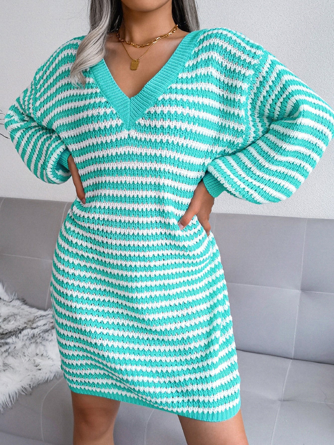 V Neck Bishop Sleeve Striped Sweater Dress Sai Feel