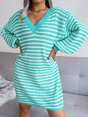 V Neck Bishop Sleeve Striped Sweater Dress Sai Feel