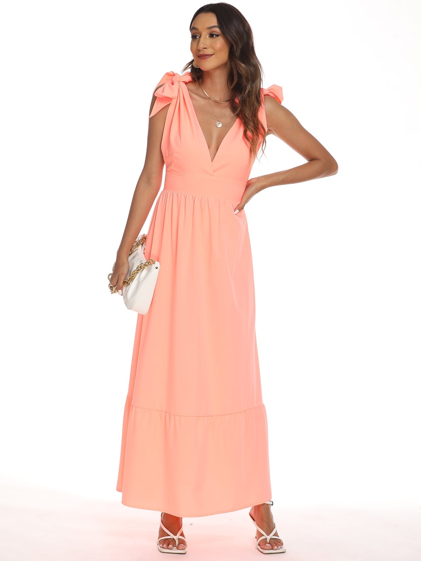 V-Neck Bow Tie Shoulder Maxi Dress Sai Feel