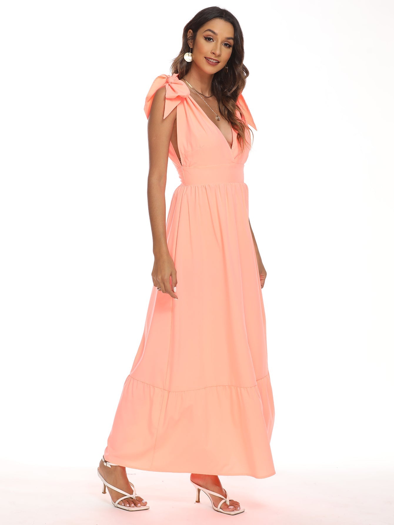 V-Neck Bow Tie Shoulder Maxi Dress Sai Feel