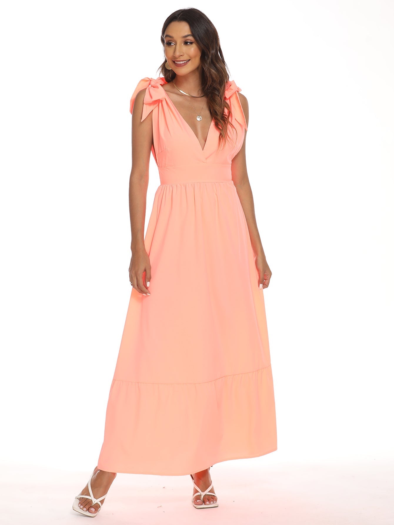 V-Neck Bow Tie Shoulder Maxi Dress Sai Feel