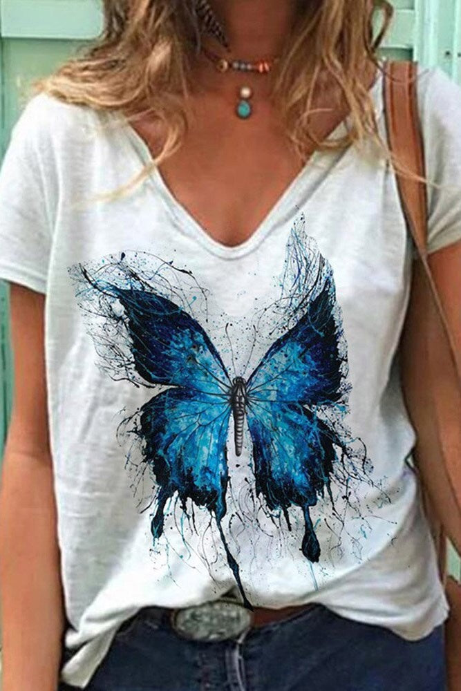 V-Neck Butterfly Print T-Shirt Sai Feel