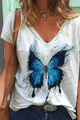 V-Neck Butterfly Print T-Shirt Sai Feel