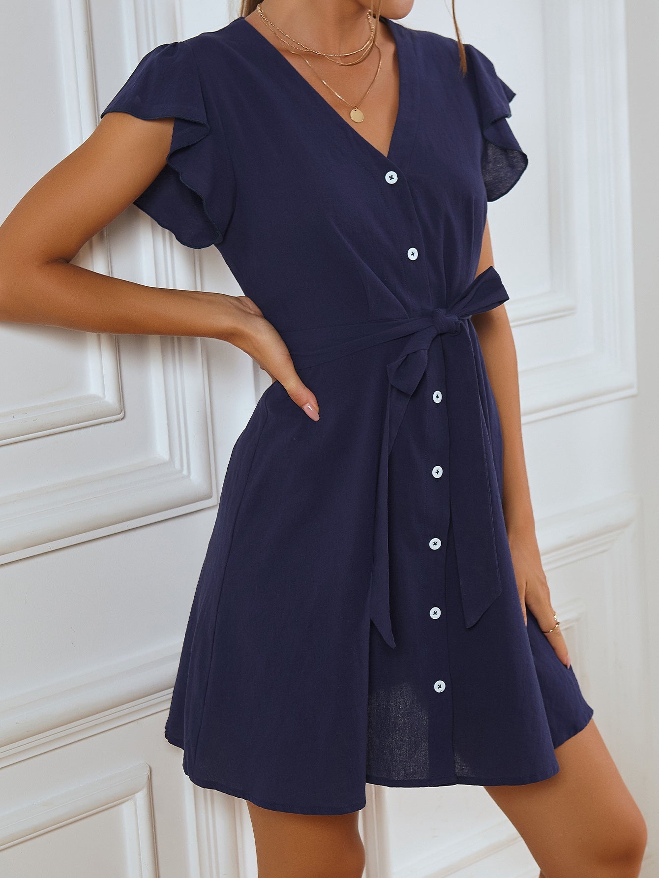 V Neck Button Front Flounce Sleeve Belted Dress Sai Feel