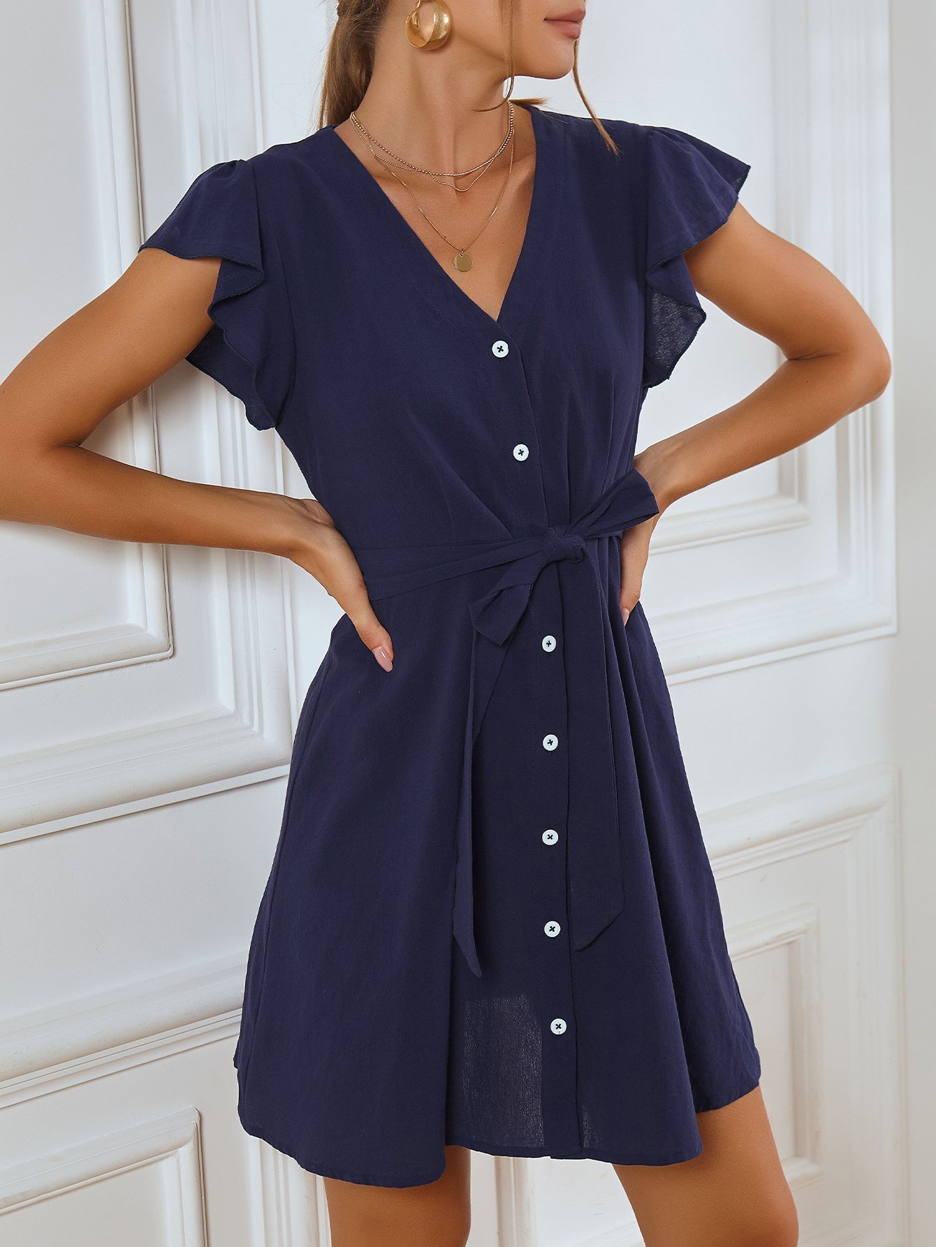 V Neck Button Front Flounce Sleeve Belted Dress Sai Feel