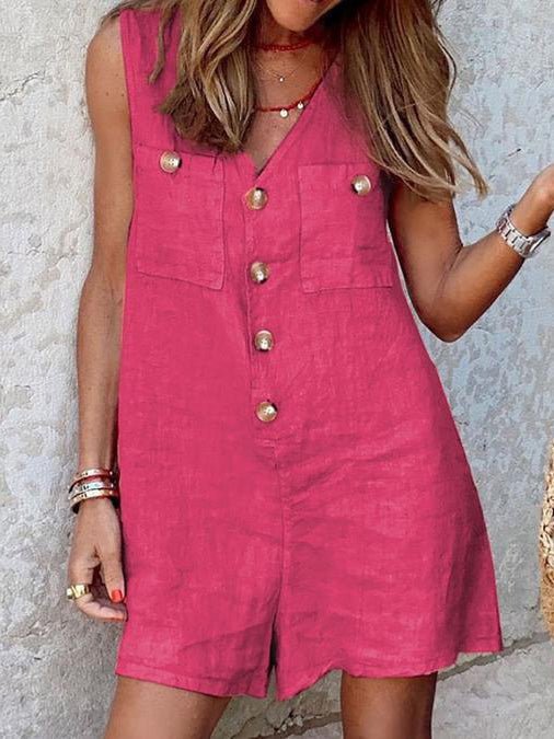 V-Neck Button Pocket Sleeveless Jumpsuit Sai Feel