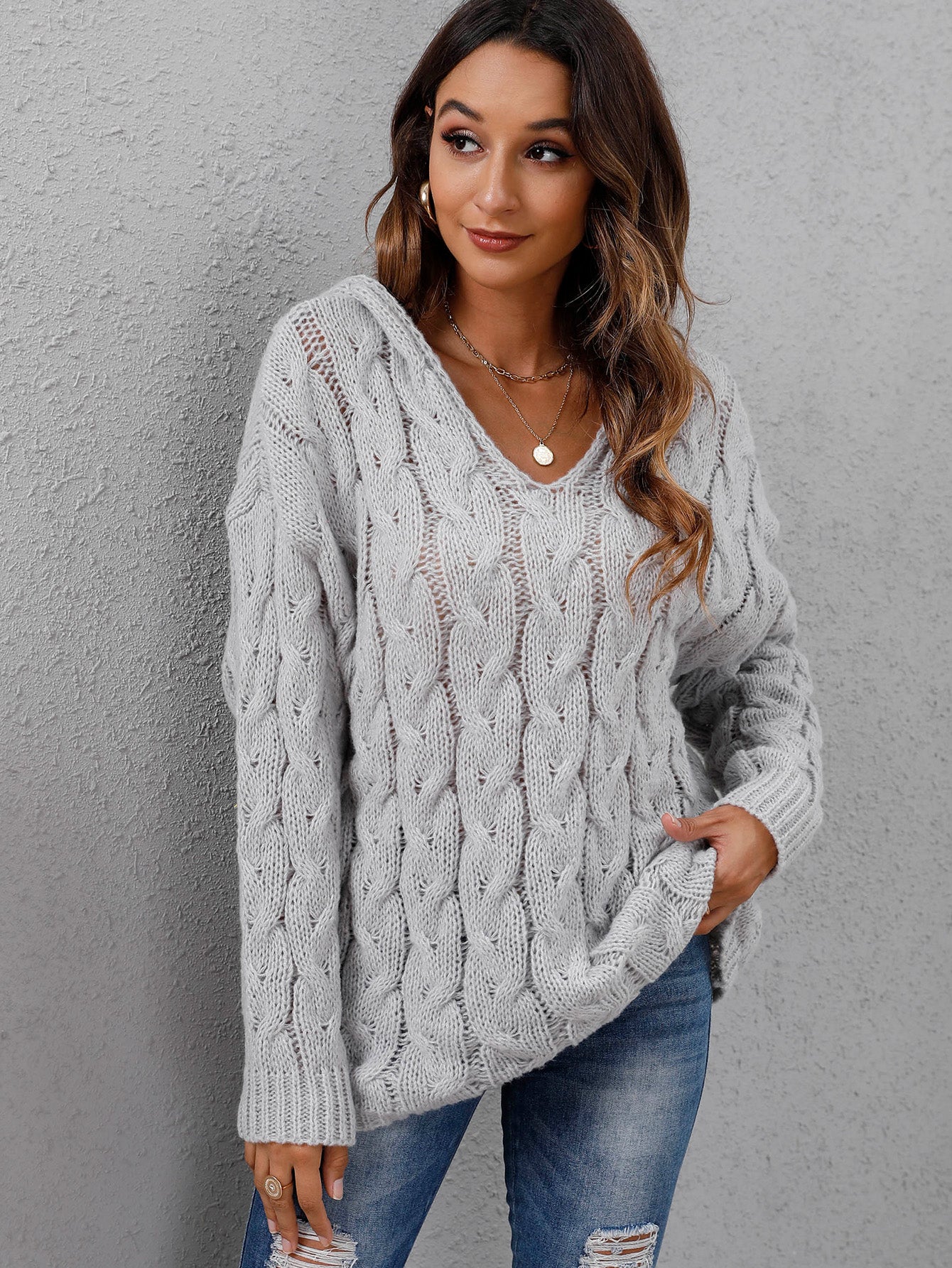 V Neck Cable Knit Hooded Sweater Sai Feel