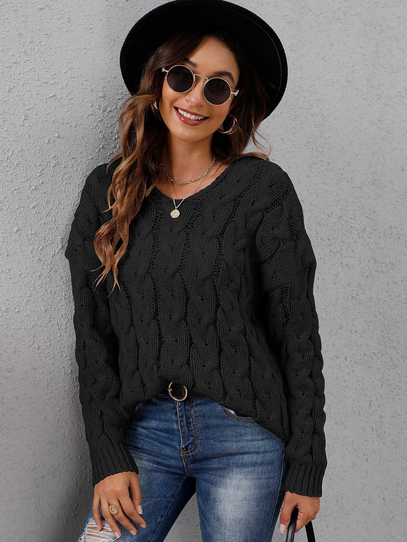 V Neck Cable Knit Hooded Sweater Sai Feel