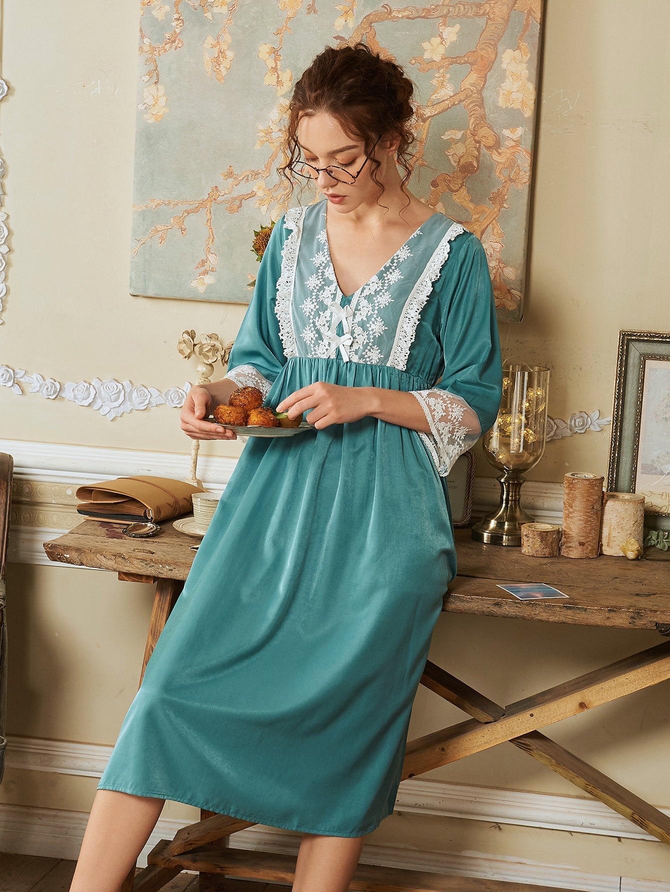 V Neck Contrast Lace Night Dress Sai Feel