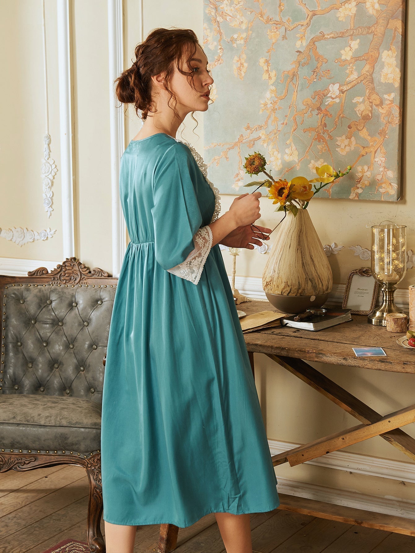 V Neck Contrast Lace Night Dress Sai Feel