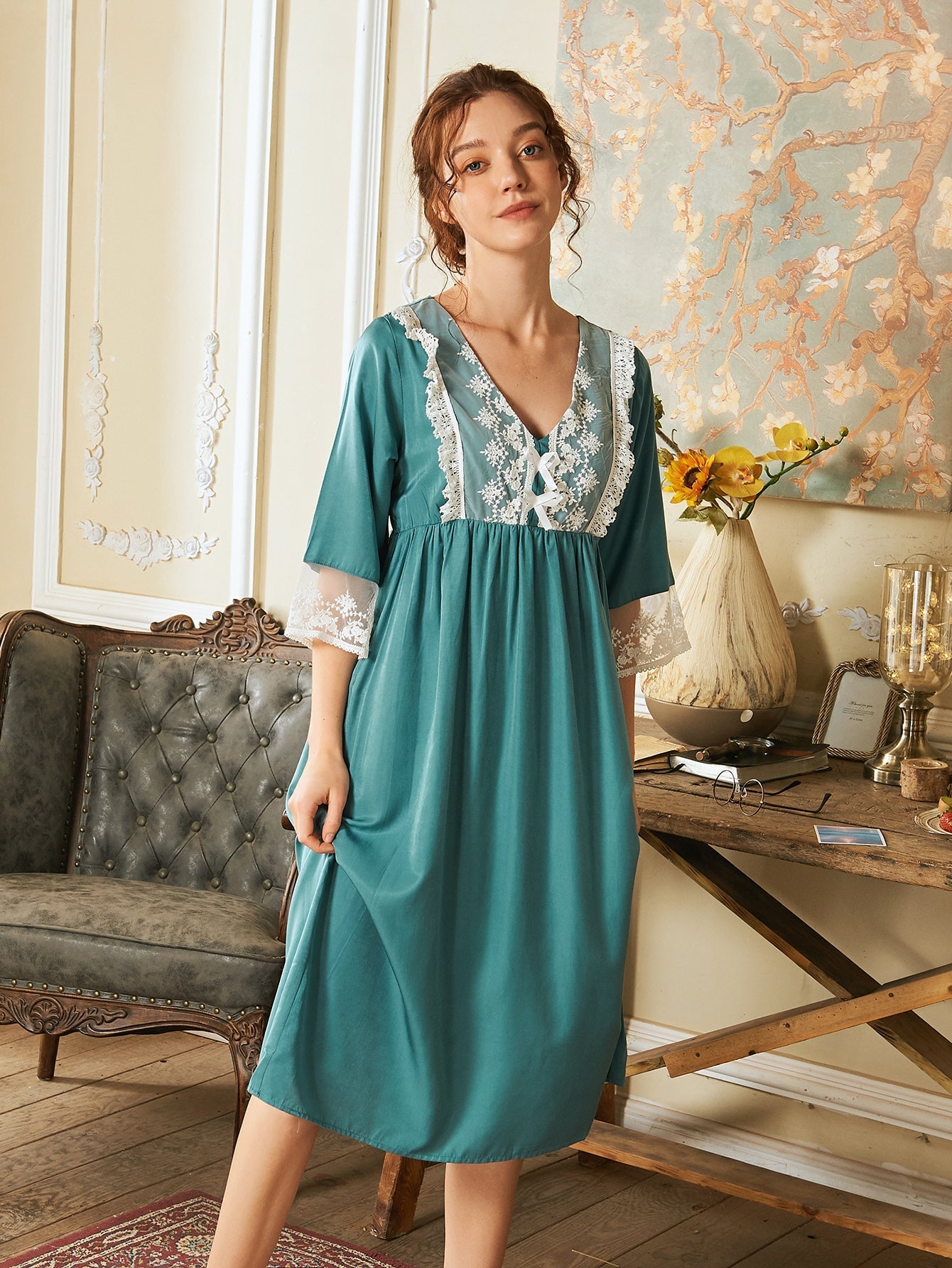 V Neck Contrast Lace Night Dress Sai Feel
