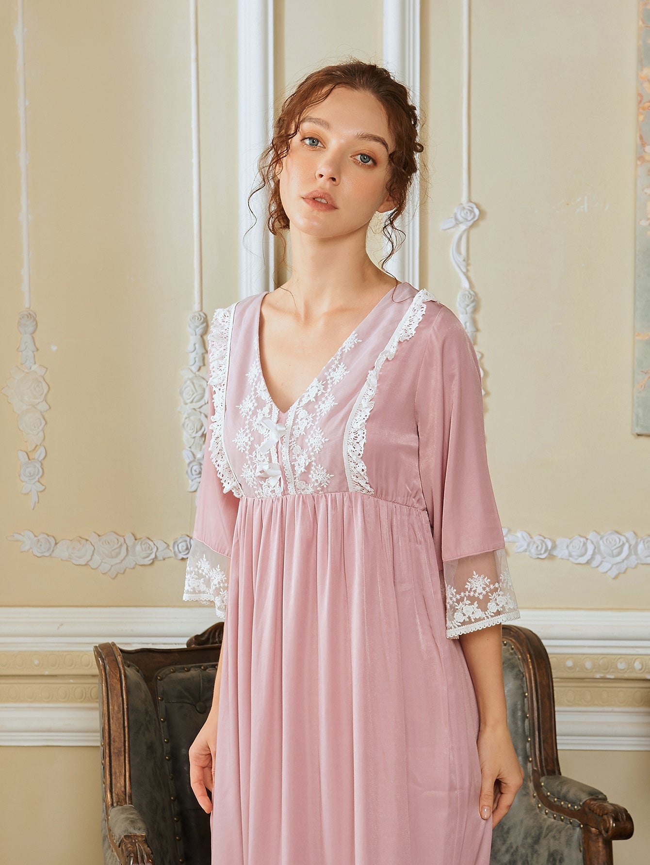 V Neck Contrast Lace Night Dress Sai Feel