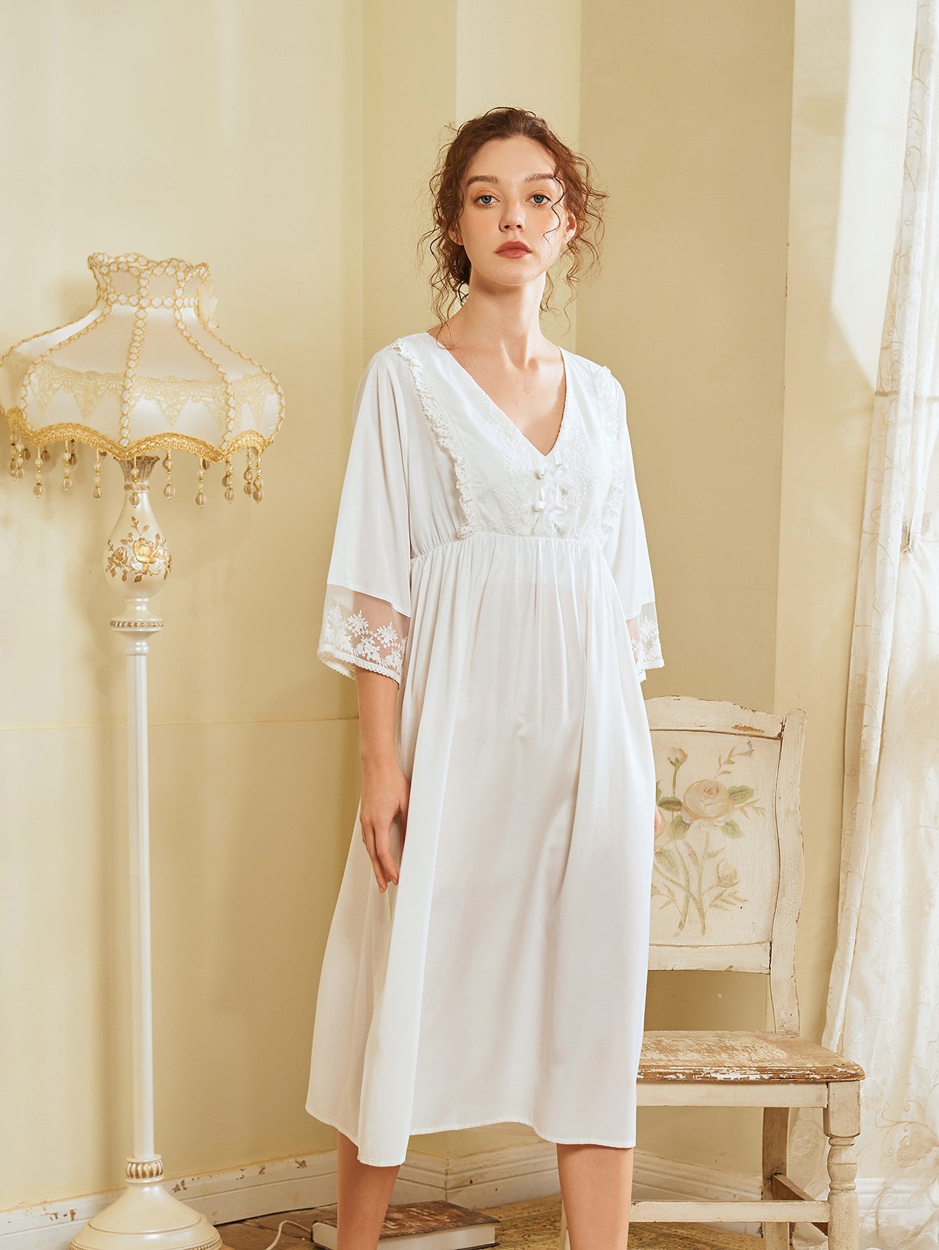 V Neck Contrast Lace Night Dress Sai Feel