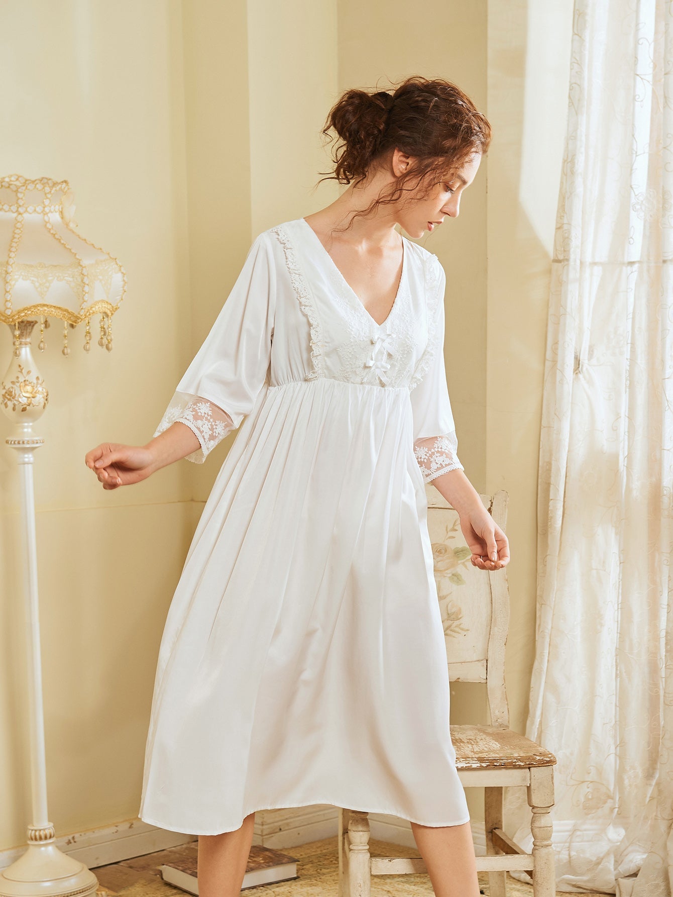 V Neck Contrast Lace Night Dress Sai Feel