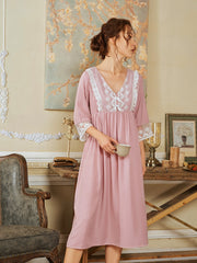 V Neck Contrast Lace Night Dress Sai Feel