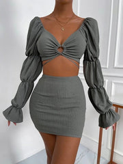 V-Neck Cutout Crop Top & Skirt Two-Piece Set Sai Feel