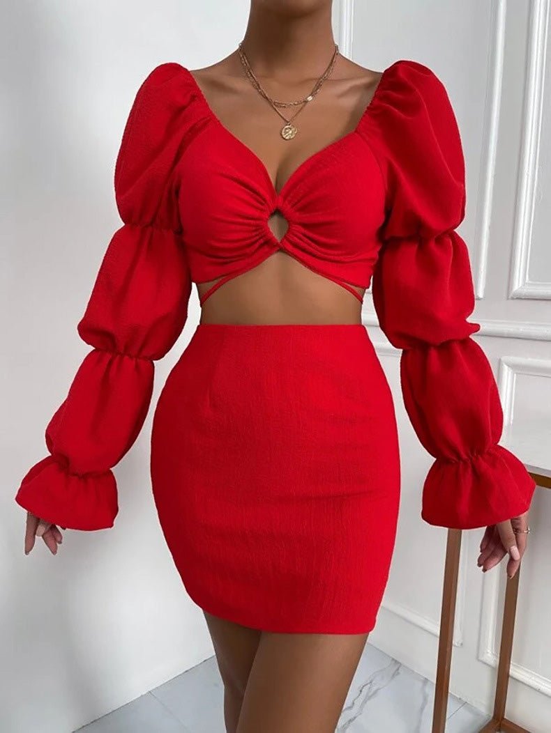 V-Neck Cutout Crop Top & Skirt Two-Piece Set Sai Feel
