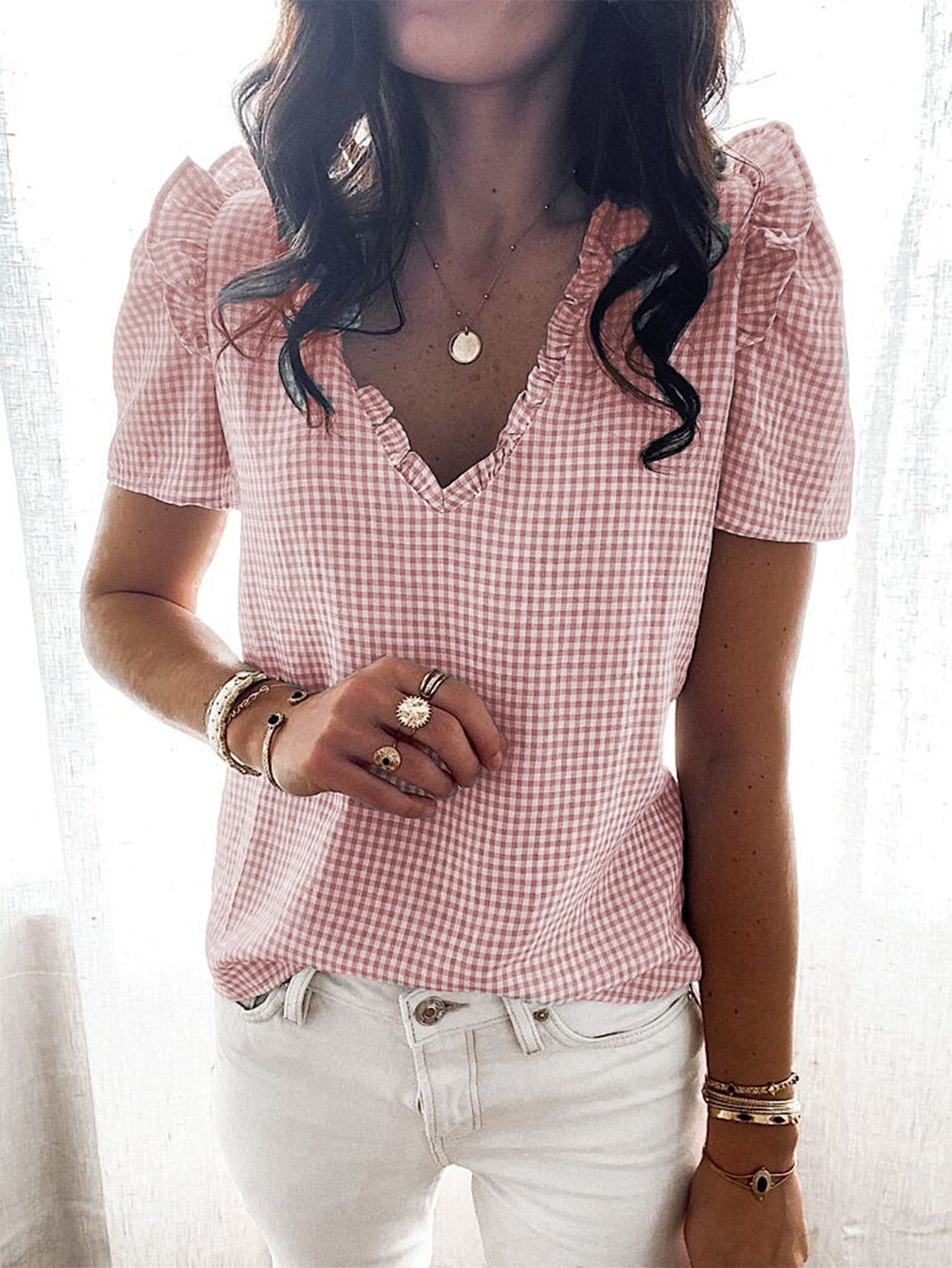 V Neck Gingham Blouse Sai Feel