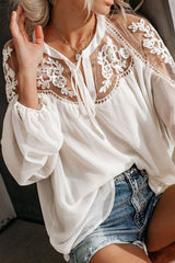 V-Neck Lace Crochet Embroidery Patchwork Blouse Sai Feel