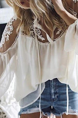 V-Neck Lace Crochet Embroidery Patchwork Blouse Sai Feel