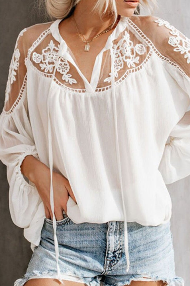 V-Neck Lace Crochet Embroidery Patchwork Blouse Sai Feel