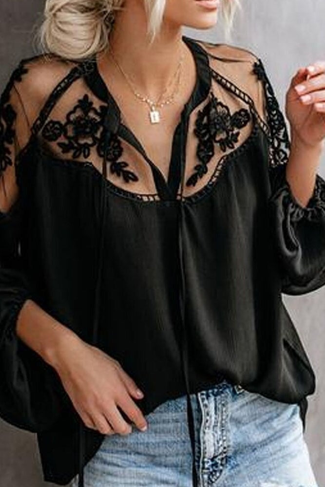 V-Neck Lace Crochet Embroidery Patchwork Blouse Sai Feel