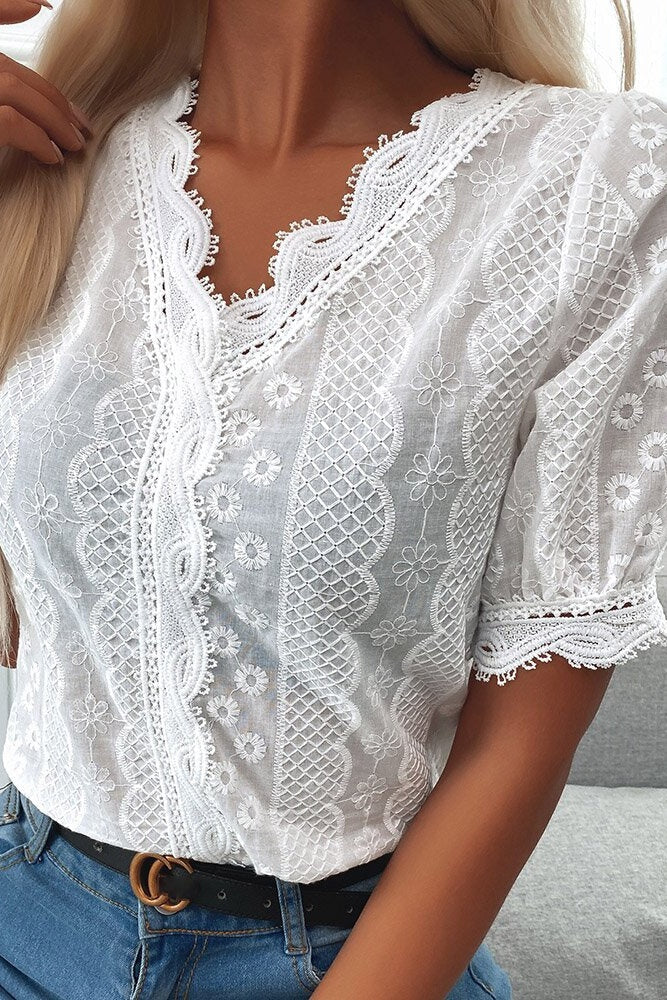 V-Neck Lace Hem Eyelet Embroidered Top Sai Feel