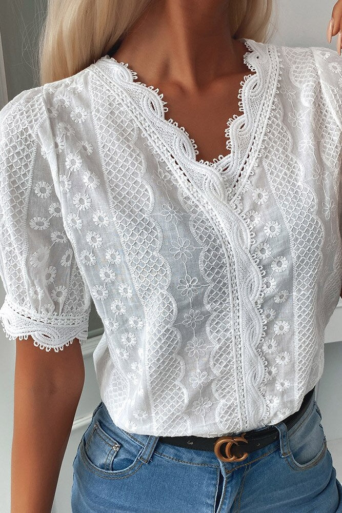 V-Neck Lace Hem Eyelet Embroidered Top Sai Feel