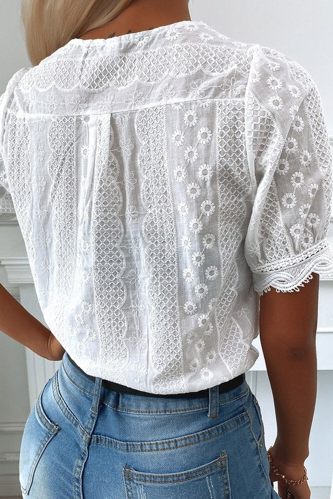 V-Neck Lace Hem Eyelet Embroidered Top Sai Feel