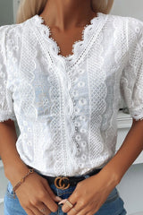 V-Neck Lace Hem Eyelet Embroidered Top Sai Feel