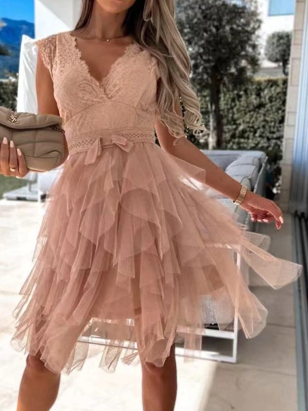 V-Neck Lace Mesh Irregular Dress Sai Feel