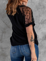 V-Neck Lace Mesh Short Sleeve T-Shirt Sai Feel